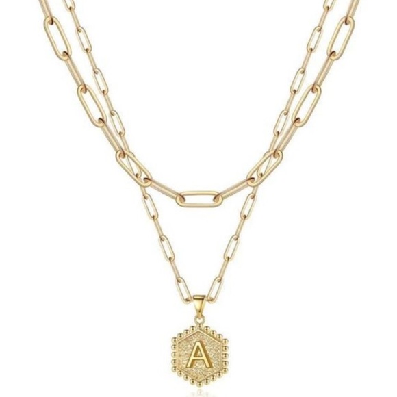 mooham Jewelry - Hexagon Pendant Initial Letter “A” Necklace in Gold